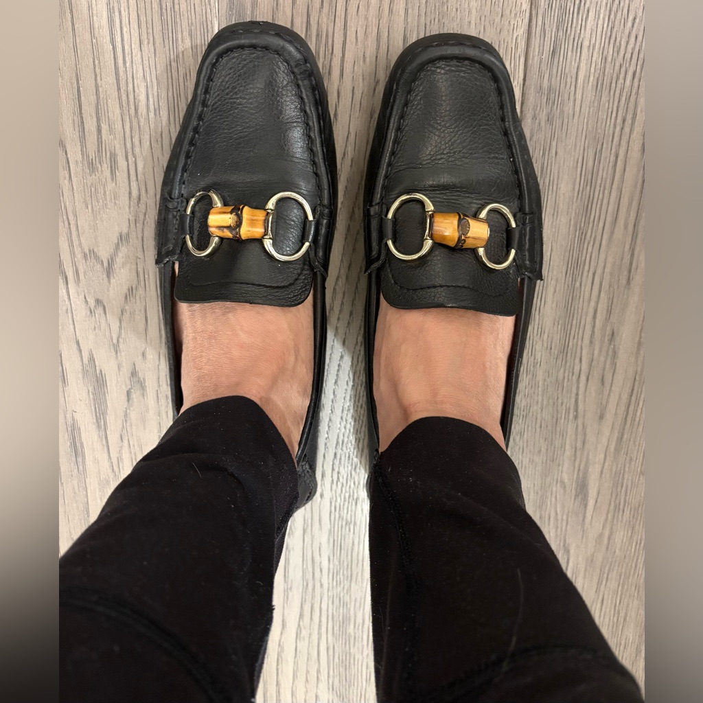 Gucci Black Leather Loafers With Gold And Brown Accents